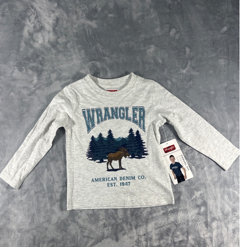 Wrangler Boys Long Sleeve Graphic T-Shirt Gray Moose Forest‎ Casual Fit 3T NEW